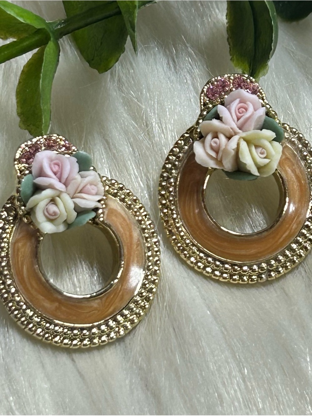 Vintage 1928 enamel hoop floral gold tone Earrings